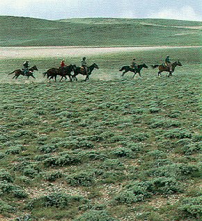 Riders thunder along the Pony Express Trail.