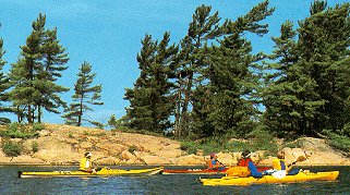 Bright blue skies accompany these kayakers.