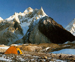 A camp in Pakistan. K2 is on the right.