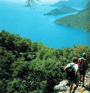 Hikers trek above the Turkish coast near Marmaris.