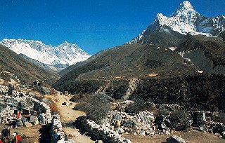 Nuptse, Lhotse and Ama Dablam seen from Pangboche.