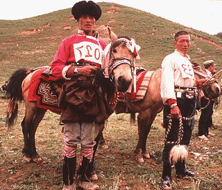 Tibetan horsemen waiting for a racing competition.