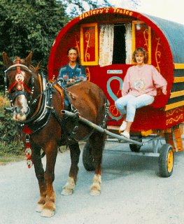 A horse-drawn caravan.