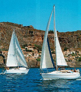 Sailing past the Greek town of Monemvassia.